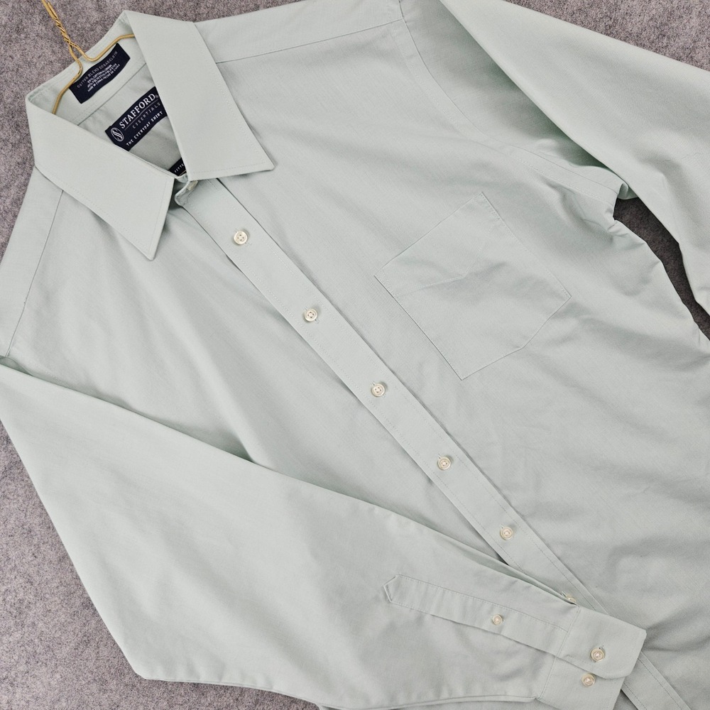 Stafford Dress Shirt Men M 15.5 34-35 Green Fitted Cotton Broadcloth Long Sleeve